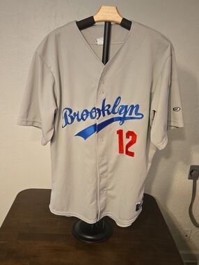 Brooklyn Baseball Jersey Shirt - Gray with Blue Script & Red Number